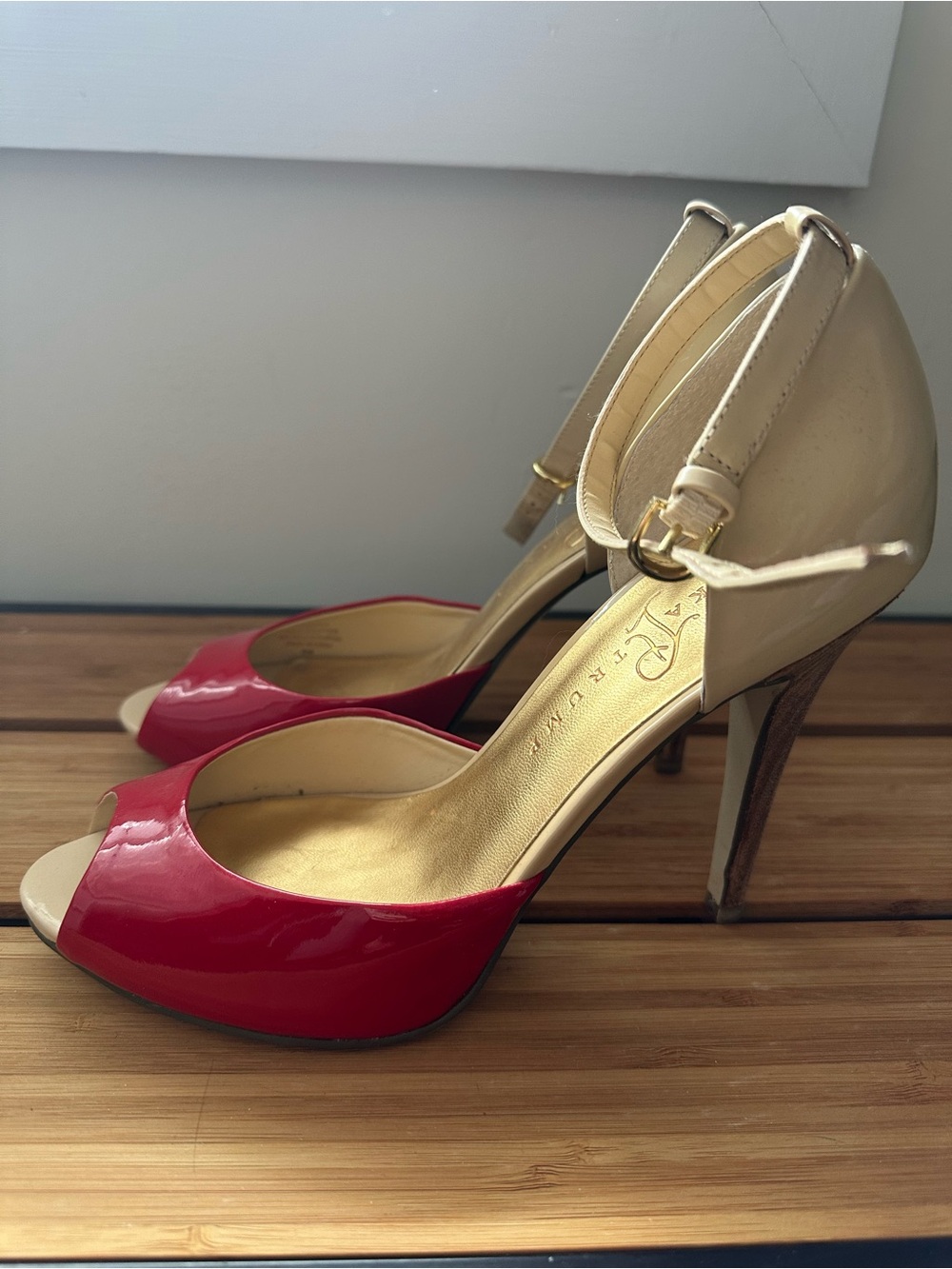 Ivanka Trump Red Cream 2-Tone Patent Peep-Toe Heels with Ankle Strap